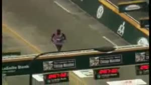 Marathon runner slips at finish
