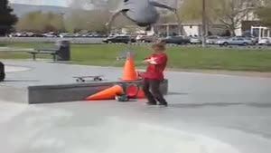 Kid gets hit in the face with a Skateboard