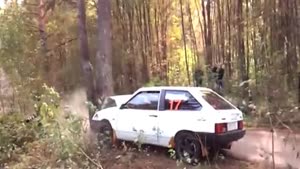 Rally Car Crashes Into Tree