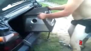 Idiot Tries To Fit Subwoofer In His Trunk