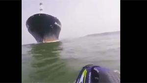 Jet Skier Almost Sucked Under Freight Ship